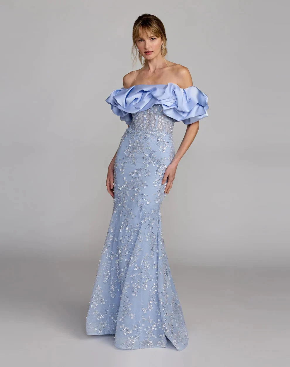 Elegant Voluminous Mermaid Silhouette Off-the-Shoulder Ruffle Sleeve Sequin Maxi Evening Dress by LANQI DRESS