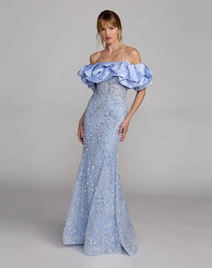 Elegant Voluminous Mermaid Silhouette Off-the-Shoulder Ruffle Sleeve Sequin Maxi Evening Dress by LANQI DRESS