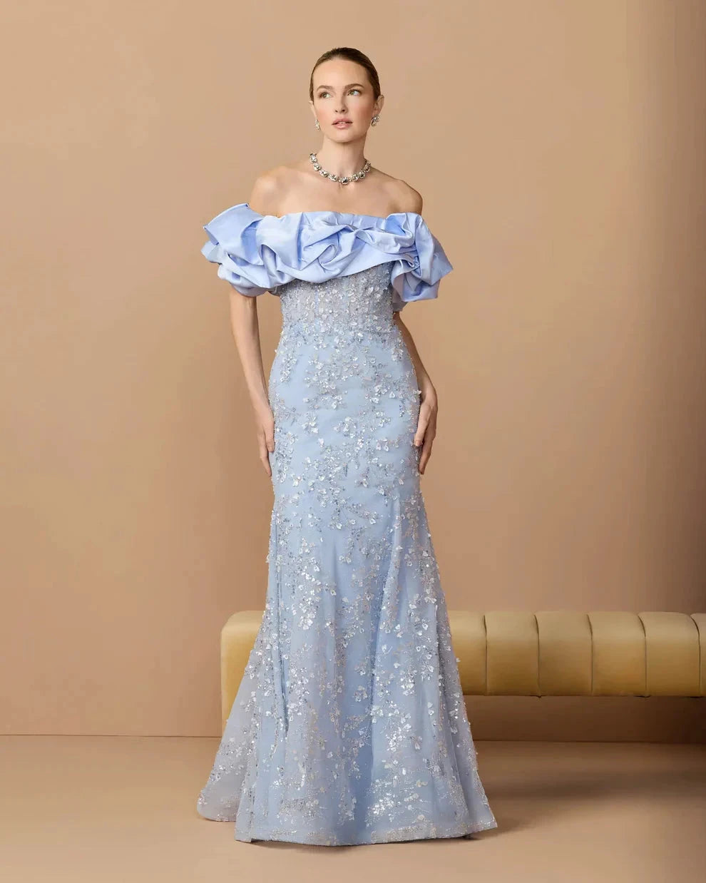Elegant Voluminous Mermaid Silhouette Off-the-Shoulder Ruffle Sleeve Sequin Maxi Evening Dress by LANQI DRESS