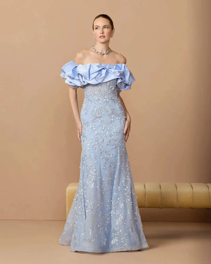 Elegant Voluminous Mermaid Silhouette Off-the-Shoulder Ruffle Sleeve Sequin Maxi Evening Dress by LANQI DRESS