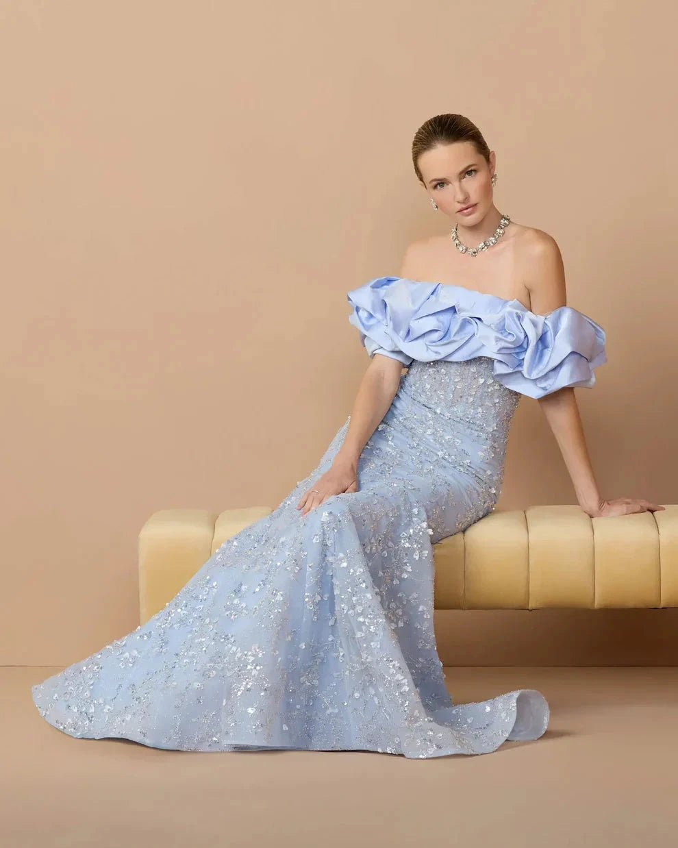Elegant Voluminous Mermaid Silhouette Off-the-Shoulder Ruffle Sleeve Sequin Maxi Evening Dress by LANQI DRESS