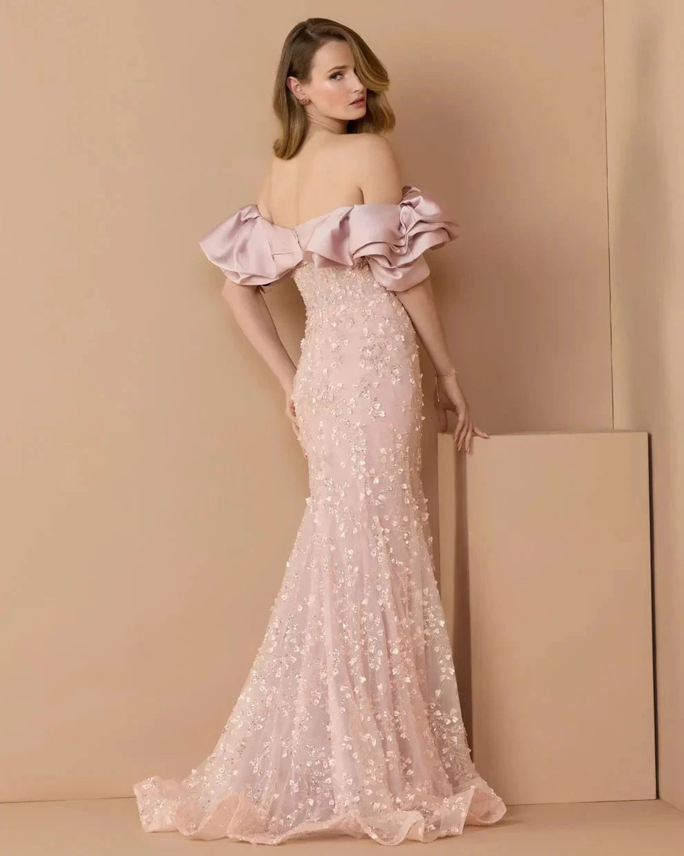 Elegant Voluminous Mermaid Silhouette Off-the-Shoulder Ruffle Sleeve Sequin Maxi Evening Dress by LANQI DRESS
