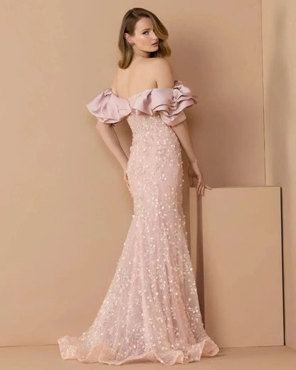 Elegant Voluminous Mermaid Silhouette Off-the-Shoulder Ruffle Sleeve Sequin Maxi Evening Dress by LANQI DRESS