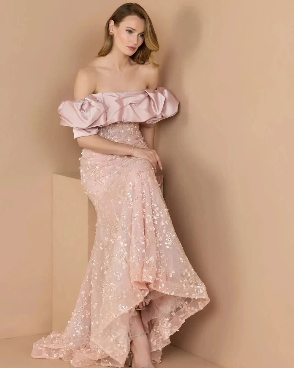 Elegant Voluminous Mermaid Silhouette Off-the-Shoulder Ruffle Sleeve Sequin Maxi Evening Dress by LANQI DRESS