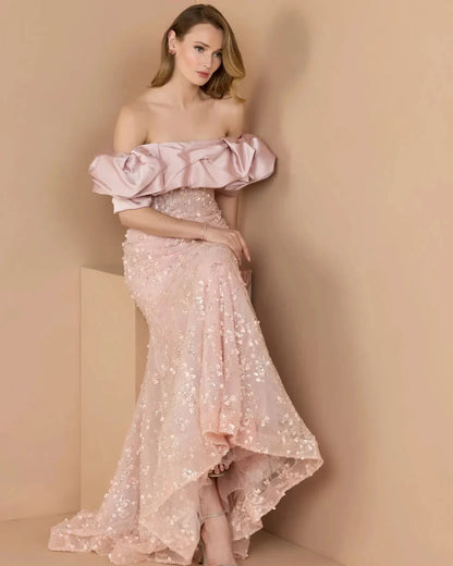Elegant Voluminous Mermaid Silhouette Off-the-Shoulder Ruffle Sleeve Sequin Maxi Evening Dress by LANQI DRESS