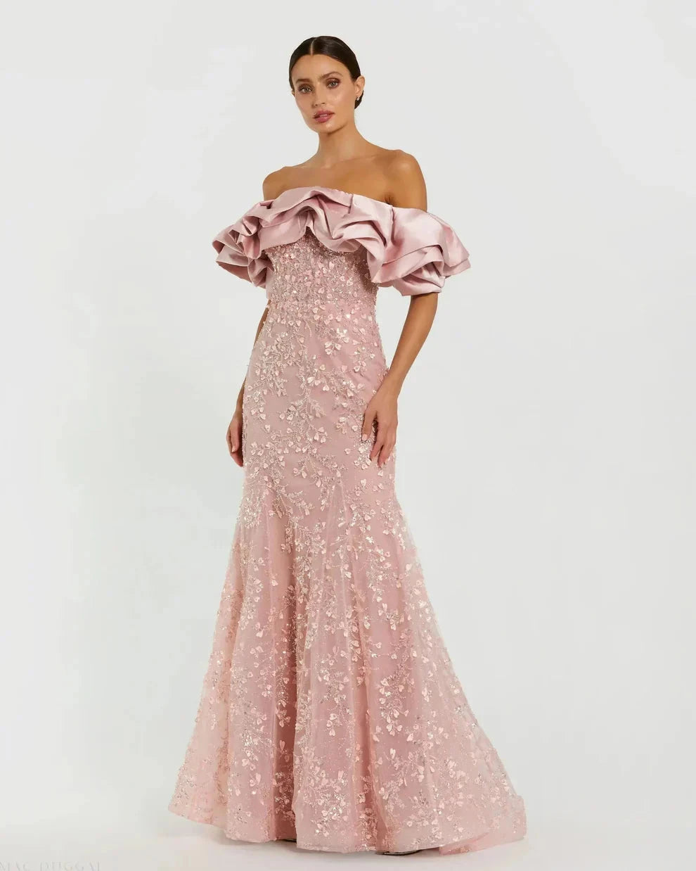 Elegant Voluminous Mermaid Silhouette Off-the-Shoulder Ruffle Sleeve Sequin Maxi Evening Dress by LANQI DRESS