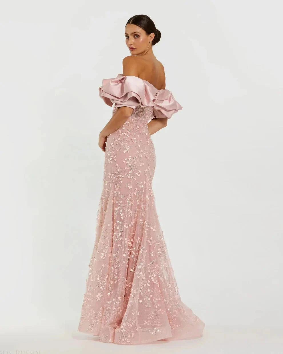 Elegant Voluminous Mermaid Silhouette Off-the-Shoulder Ruffle Sleeve Sequin Maxi Evening Dress by LANQI DRESS