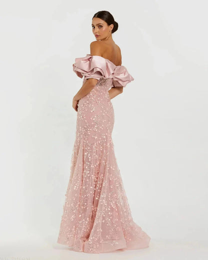 Elegant Voluminous Mermaid Silhouette Off-the-Shoulder Ruffle Sleeve Sequin Maxi Evening Dress by LANQI DRESS
