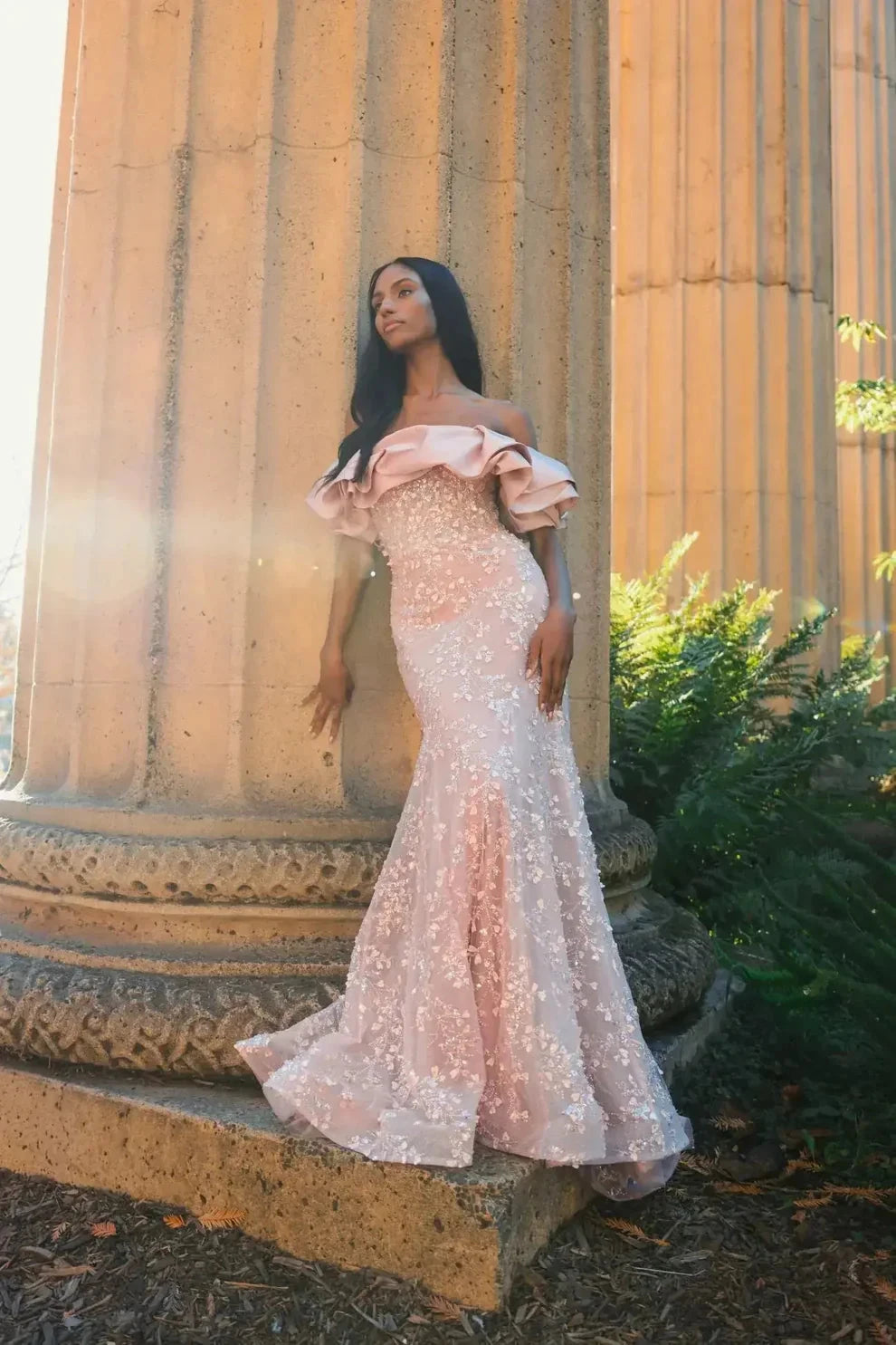 Elegant Voluminous Mermaid Silhouette Off-the-Shoulder Ruffle Sleeve Sequin Maxi Evening Dress by LANQI DRESS