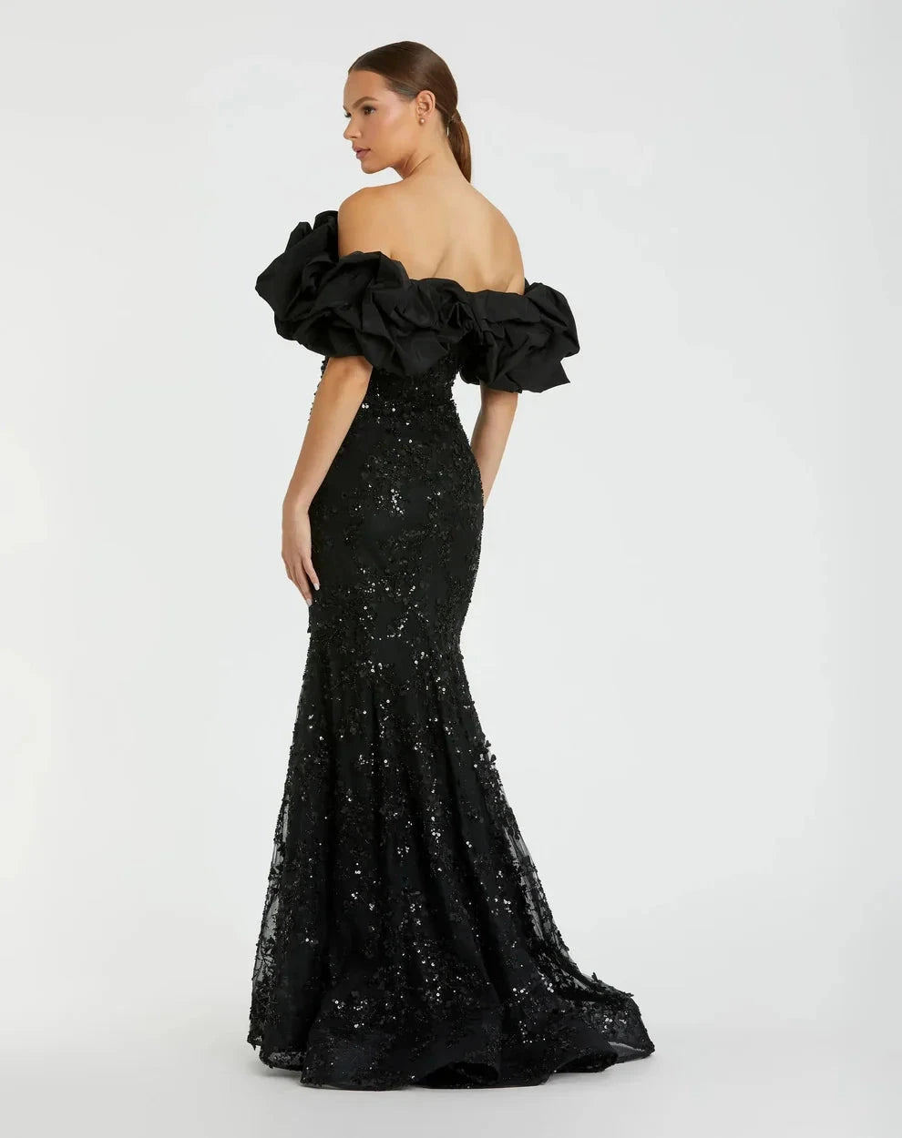 Elegant Voluminous Mermaid Silhouette Off-the-Shoulder Ruffle Sleeve Sequin Maxi Evening Dress by LANQI DRESS