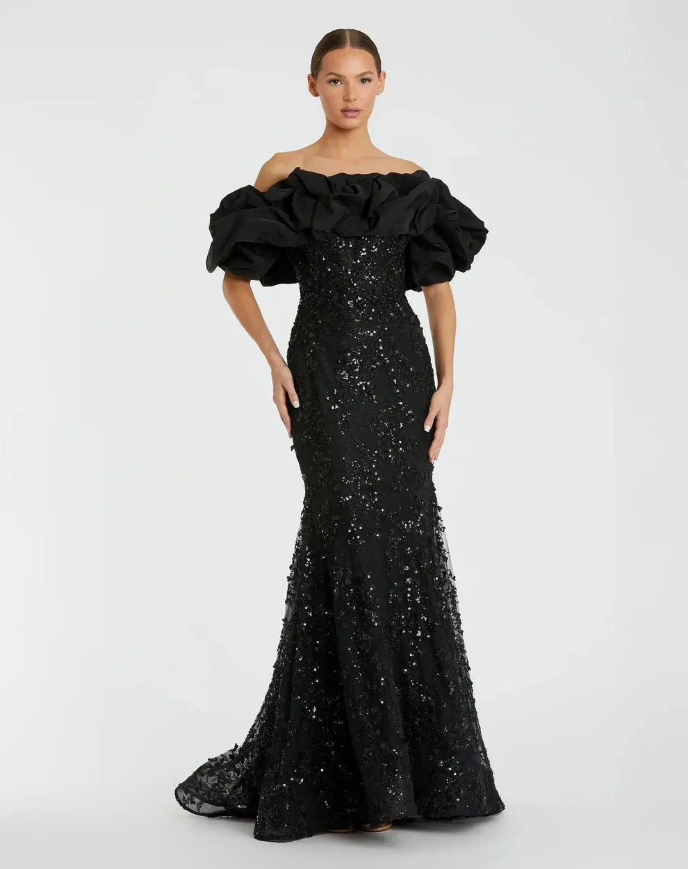 Elegant Voluminous Mermaid Silhouette Off-the-Shoulder Ruffle Sleeve Sequin Maxi Evening Dress by LANQI DRESS