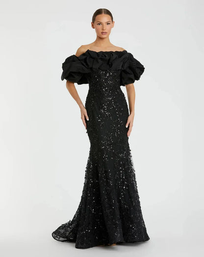 Elegant Voluminous Mermaid Silhouette Off-the-Shoulder Ruffle Sleeve Sequin Maxi Evening Dress by LANQI DRESS