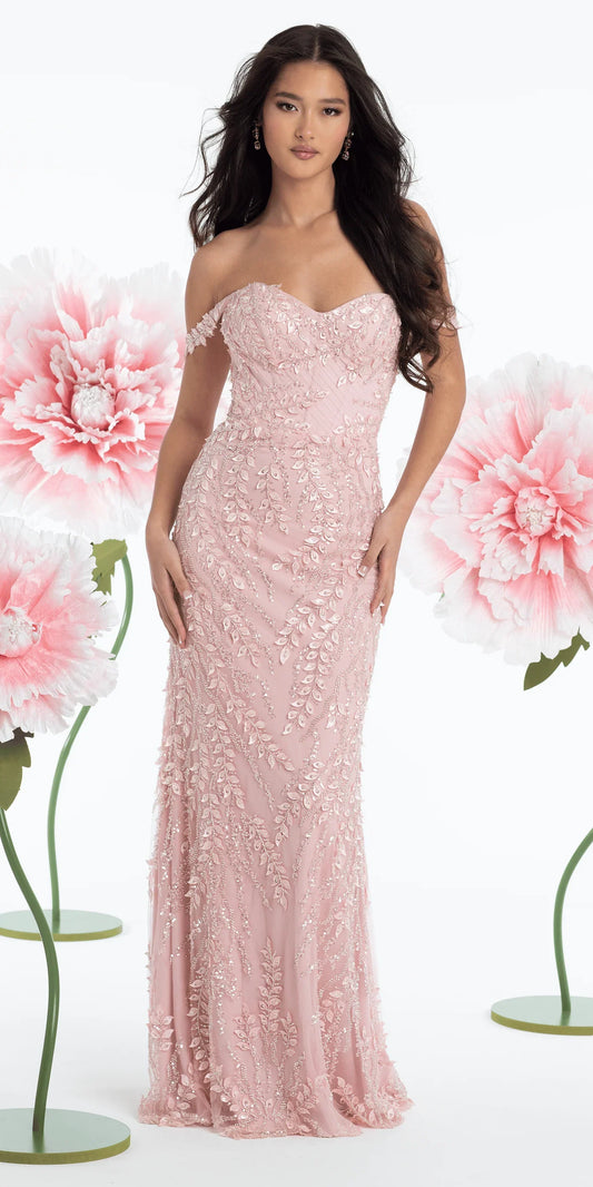 Elegant Beaded Tulle Mermaid Silhouette Off-the-Shoulder Floor-Length Prom Dress with Floral Applique for Formal Events