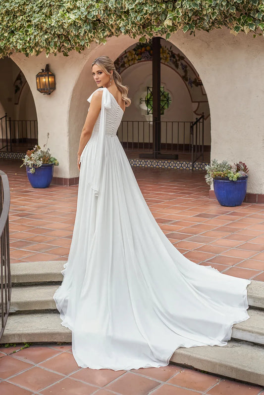 Chiffon Button Back Pleated Wedding Dress - Yihuiw by Yihuiw