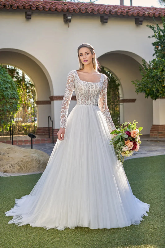 Square Neck Lace Long Sleeve Floor-Length Wedding Dress - Yihuiw by Yihuiw