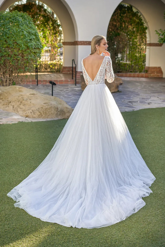Square Neck Lace Long Sleeve Floor-Length Wedding Dress - Yihuiw by Yihuiw