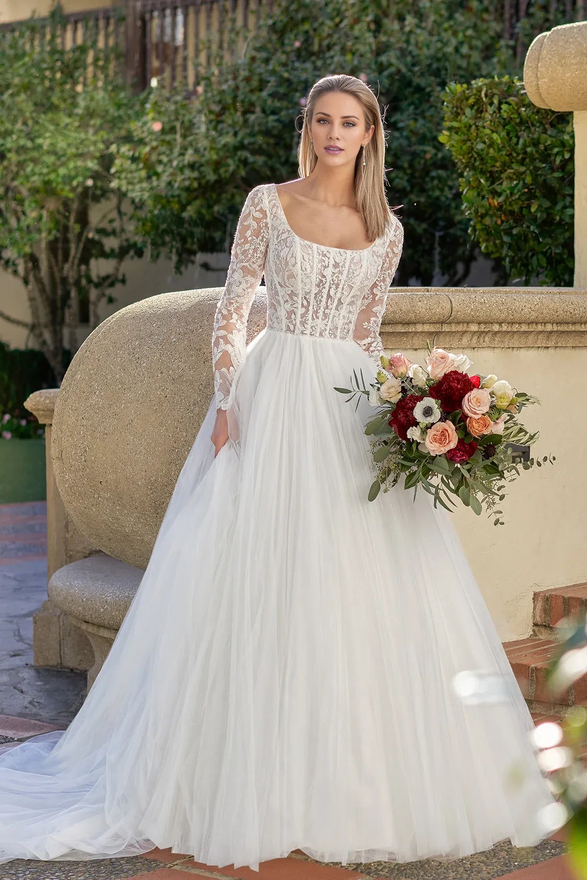 Square Neck Lace Long Sleeve Floor-Length Wedding Dress - Yihuiw by Yihuiw