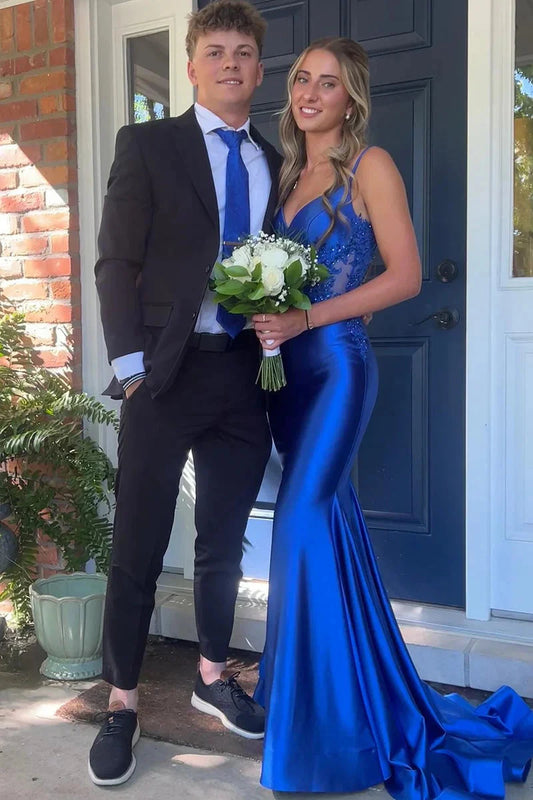 Elegant V-Neck Satin Mermaid Prom Dress with Lace Appliqué & Low Open Back by JiMiss Dresses