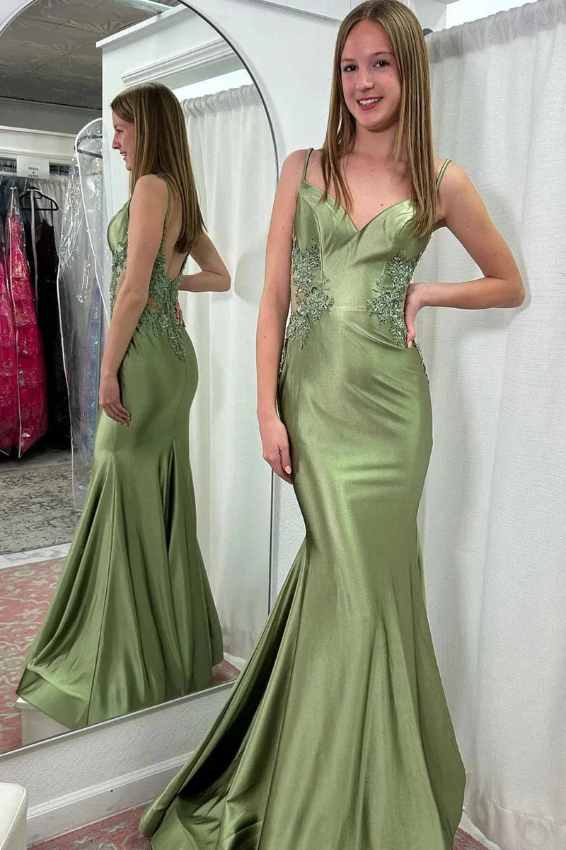 Elegant V-Neck Satin Mermaid Prom Dress with Lace Appliqué & Low Open Back by JiMiss Dresses
