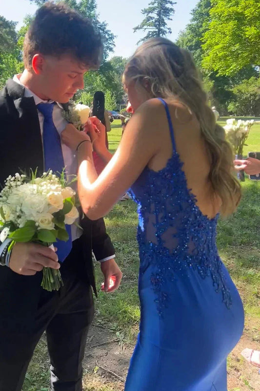 Elegant V-Neck Satin Mermaid Prom Dress with Lace Appliqué & Low Open Back by JiMiss Dresses