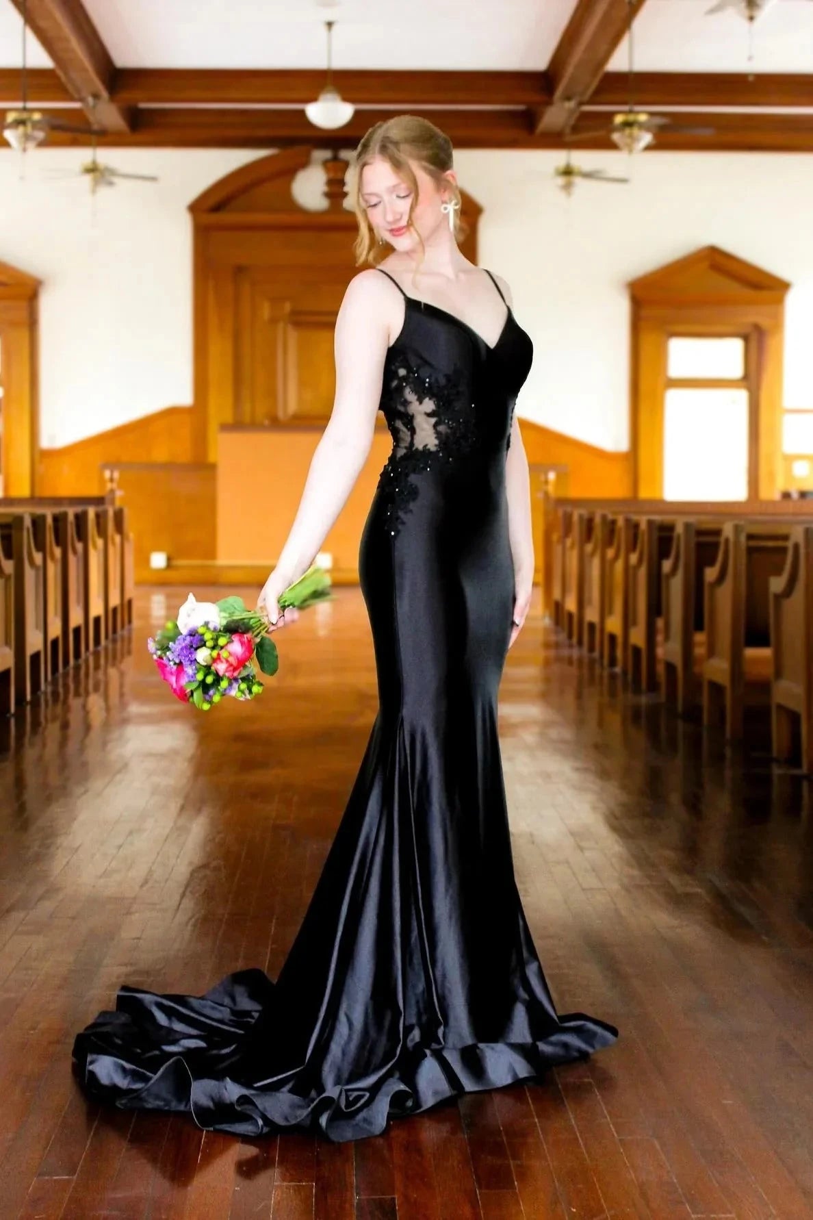 Elegant V-Neck Satin Mermaid Prom Dress with Lace Appliqué & Low Open Back by JiMiss Dresses
