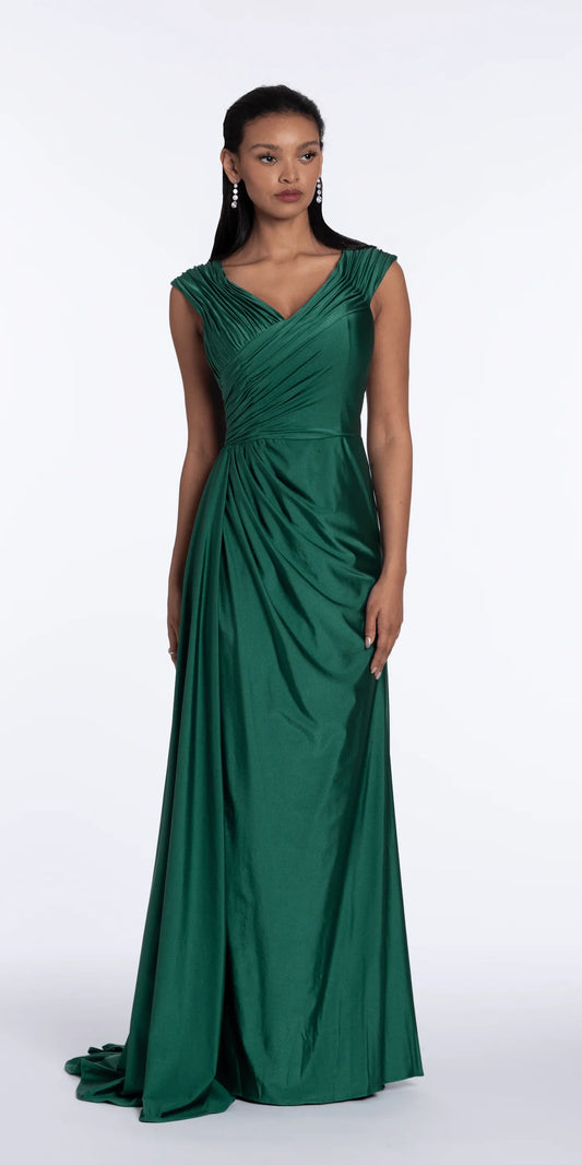 Elegant satin sleeveless V neck floor length evening dress with ruched bodice, draped waist detail and train
