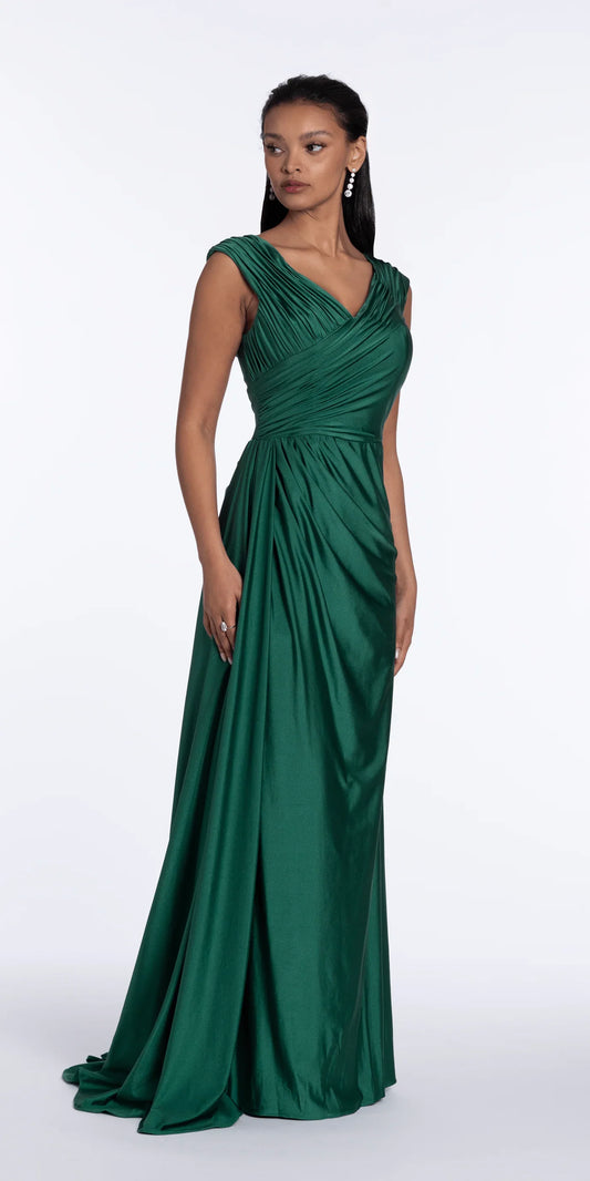 Elegant satin sleeveless V neck floor length evening dress with ruched bodice, draped waist detail and train