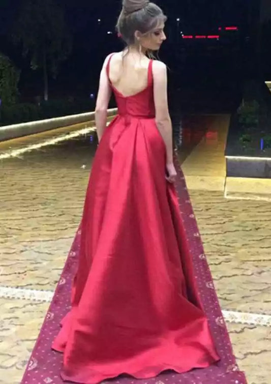 Elegant and charming A-line/princess style round neck sleeveless trailing satin Prom Dresses