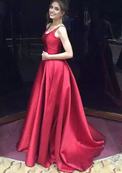 Elegant and charming A-line/princess style round neck sleeveless trailing satin Prom Dresses