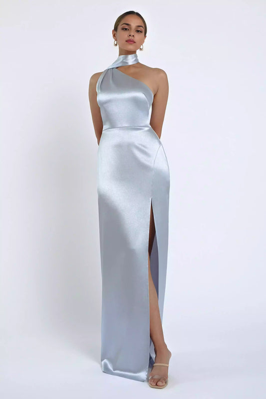 Elegant asymmetrical camisole collar, natural waist seam, slit, half body tight corset, Prom Dresses