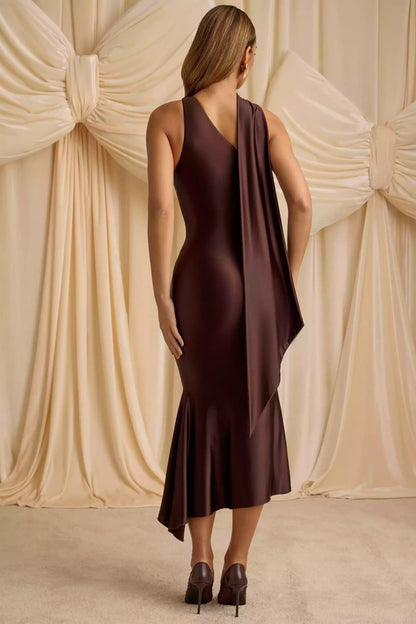 Vestidos de graduación con elegante escote asimétrico, tirante en un solo hombro, bajo plisado, cremallera lateral oculta y silueta de sirena