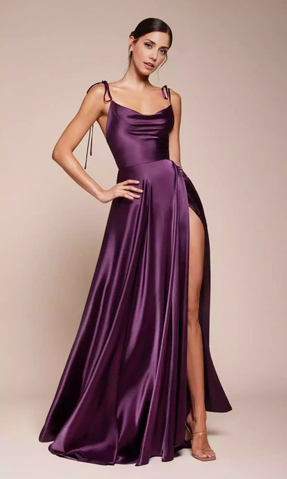 Vestidos de graduación elegantes de satén, con cuello colgante, espalda descubierta, tirantes finos, corte en A y abertura lateral