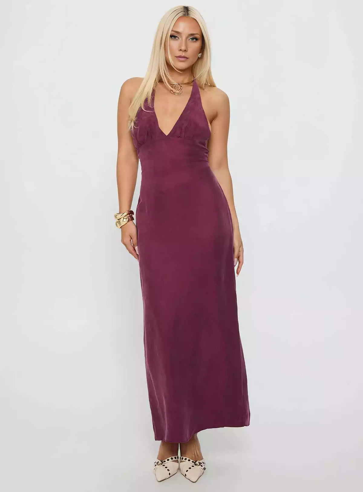 Robe de bal élégante sans dos avec bretelles, encolure en V et plis ajustables à la poitrine, tour de cou et fente au dos