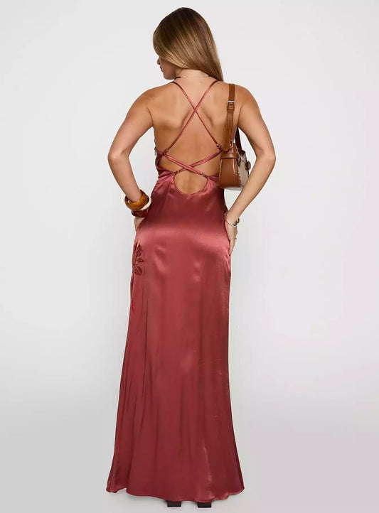 Elegant beaded satin round neck with hidden side zipper, cross exposed back, adjustable shoulder straps, straight leg hem, Prom Dresses