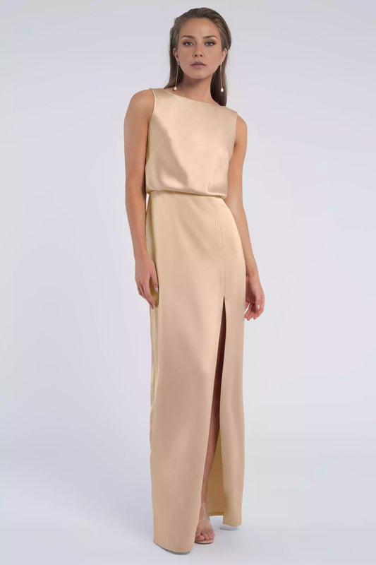 Elegant boat collar, loose waist, exposed back, slim fit skirt with hollowed out slit and tight corset Bridesmaid Dresses