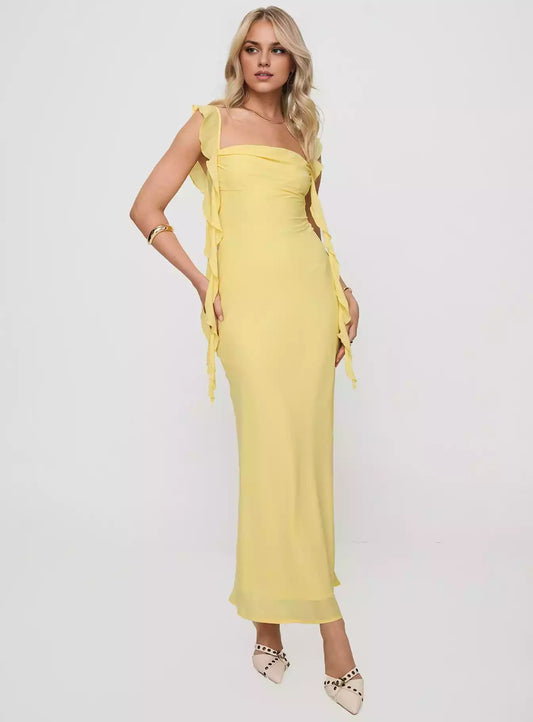 Elegant chest pleat details, hidden zipper on the side, ruffle edge shoulder strap, fully lined Prom Dresses