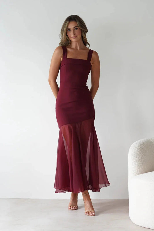 Elegant chiffon sheath square neck sleeveless back-tie midi evening dress by YiHuiw