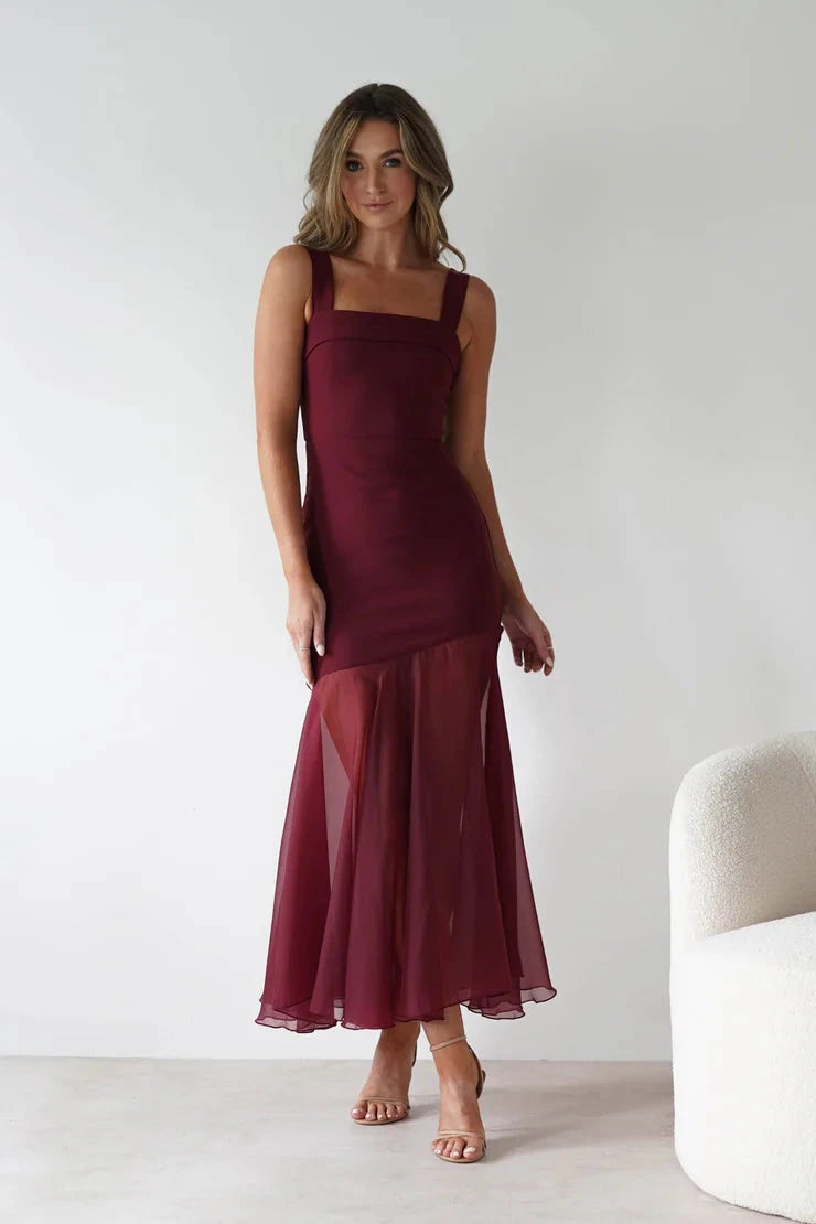 Elegant chiffon sheath square neck sleeveless back-tie midi evening dress by YiHuiw