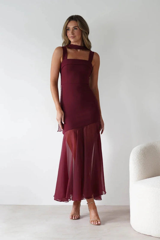 Elegant chiffon sheath square neck sleeveless back-tie midi evening dress by YiHuiw
