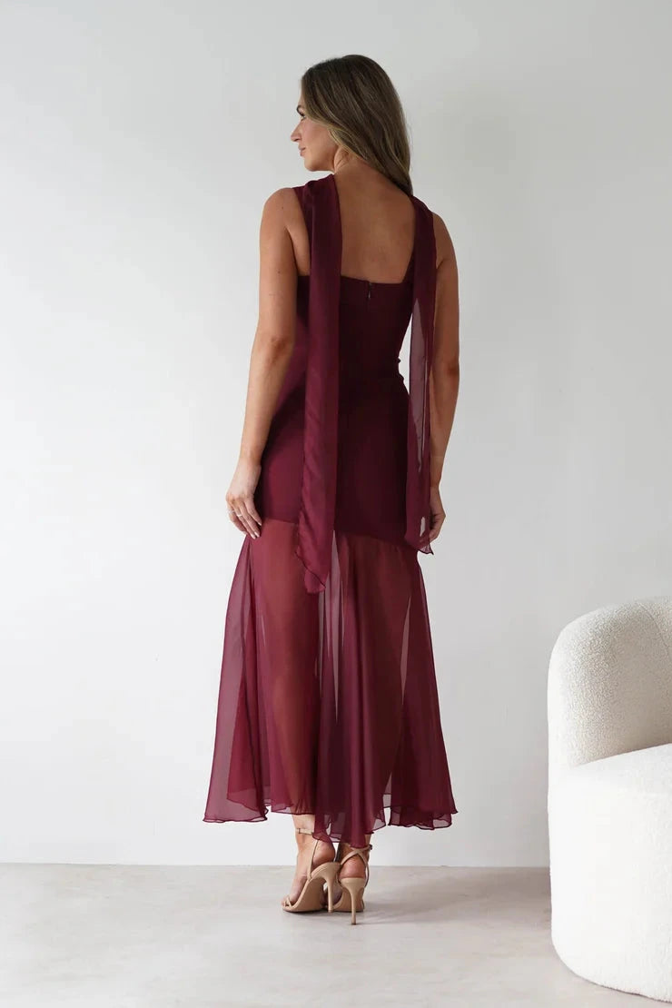 Elegant chiffon sheath square neck sleeveless back-tie midi evening dress by YiHuiw