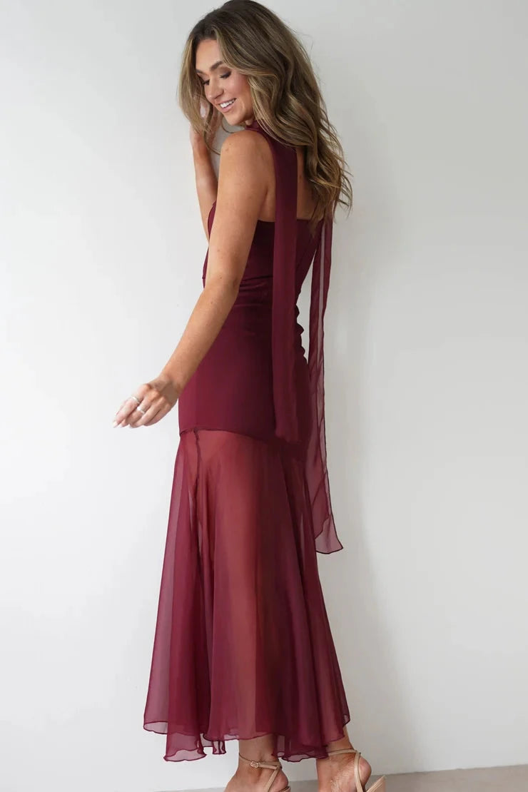 Elegant chiffon sheath square neck sleeveless back-tie midi evening dress by YiHuiw