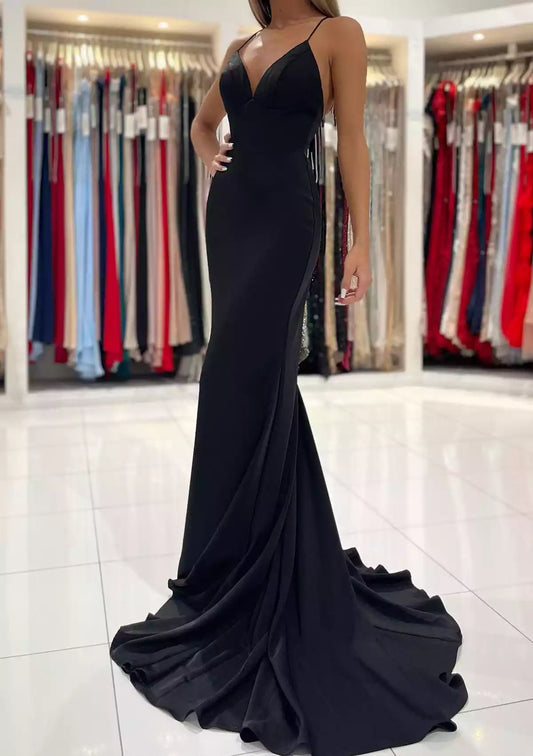 Elegant hornmermaid V-neck trailing sleeveless elastic satin Prom Dresses