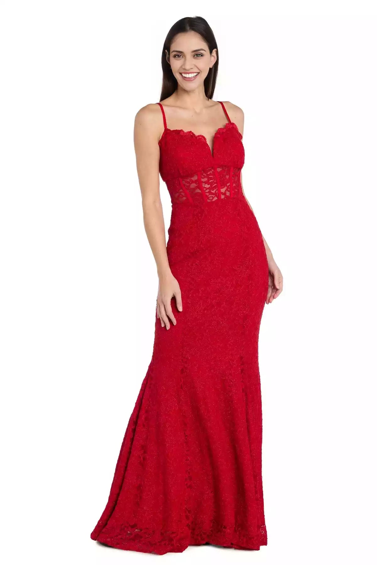 Elegantes vestidos de graduación de encaje largo con escote corazón y delicado corsé ajustado con abertura en forma de lágrima