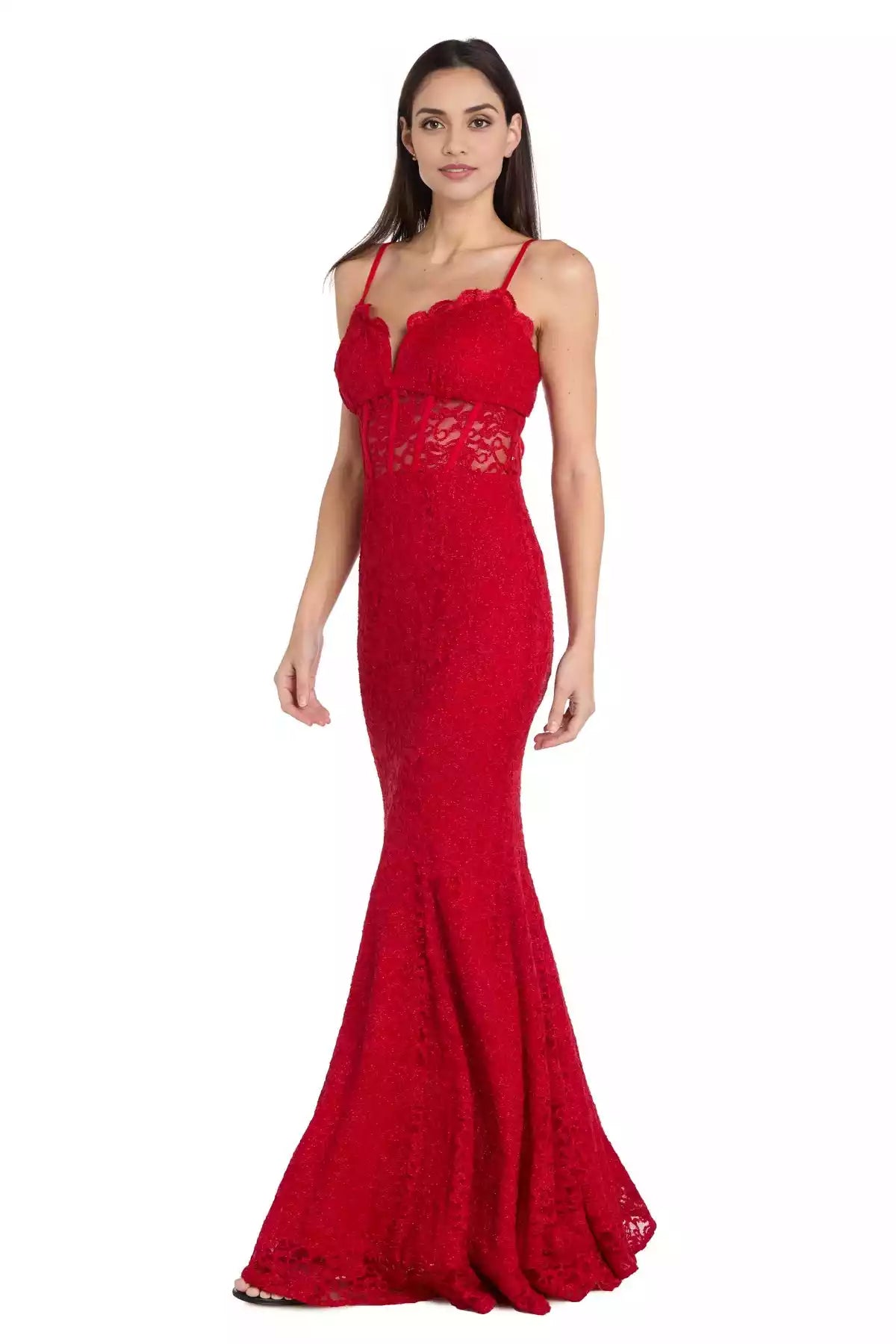 Elegantes vestidos de graduación de encaje largo con escote corazón y delicado corsé ajustado con abertura en forma de lágrima