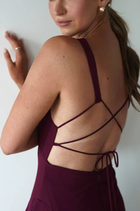 Elegant lightweight chiffon A-line V-neck lace-back layered ruffle midi evening dress