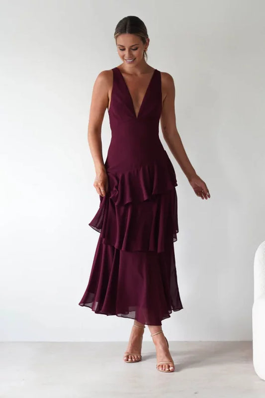 Elegant lightweight chiffon A-line V-neck lace-back layered ruffle midi evening dress