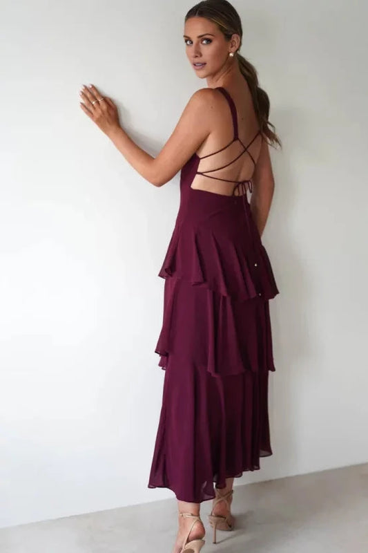 Elegant lightweight chiffon A-line V-neck lace-back layered ruffle midi evening dress by YiHuiw