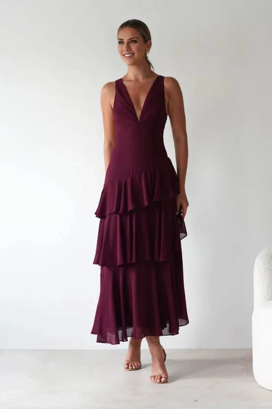 Elegant lightweight chiffon A-line V-neck lace-back layered ruffle midi evening dress by YiHuiw
