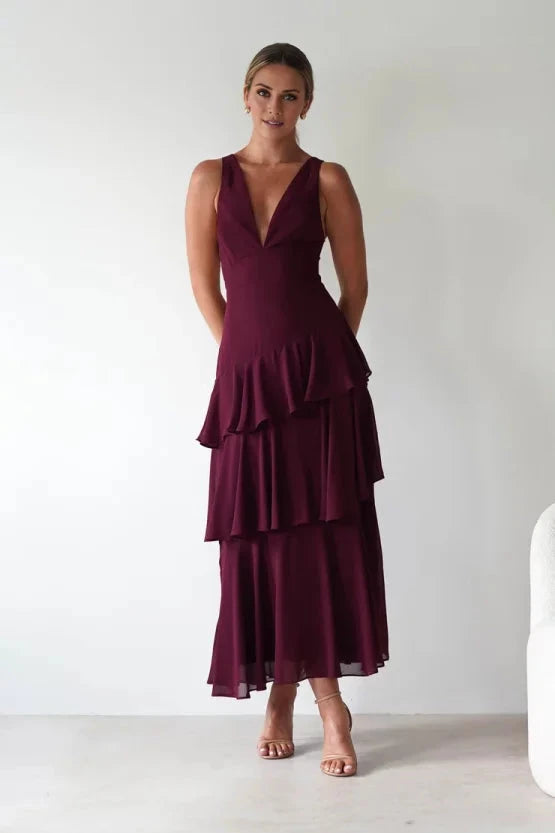 Elegant lightweight chiffon A-line V-neck lace-back layered ruffle midi evening dress by YiHuiw