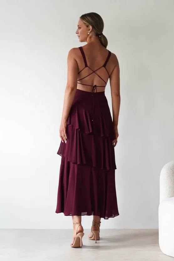 Elegant lightweight chiffon A-line V-neck lace-back layered ruffle midi evening dress